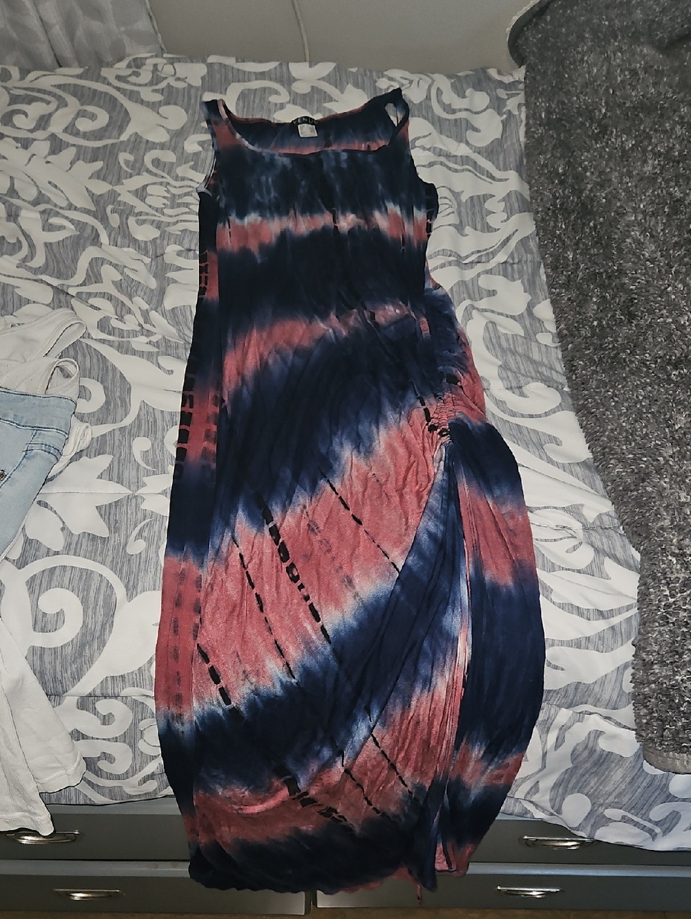VENUS Navy and Pink Tie-Dye Sleeveless Maxi Dress with Side Ruching